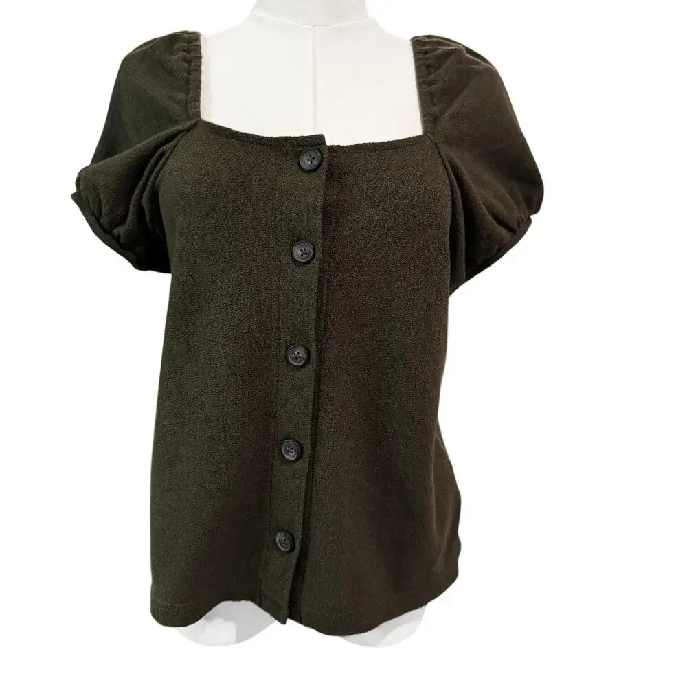 New MADEWELL Women's Deep Green Puff Sleeves Jacquard Square Neck Top Size S